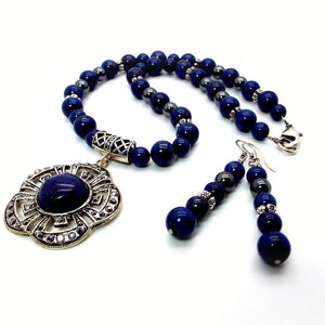 Blue Necklace Set The Blue Egyptian Night Flower Necklace and Earring Set Lapis Lazuli Necklace and Earrings image 1