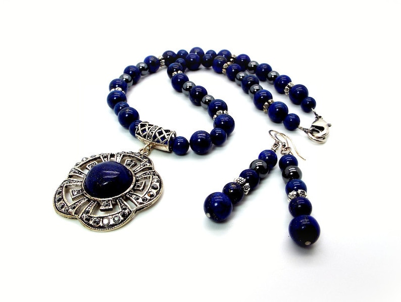 Blue Necklace Set The Blue Egyptian Night Flower Necklace and Earring Set Lapis Lazuli Necklace and Earrings image 1