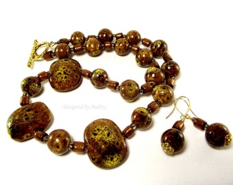 Brown Necklace and Earring Set - Brown and Yellow Dessert Sunset Necklace and Earring Set - Brown Necklace - Brown Earrings