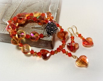 Heart Necklace Set - Orange Necklace Set - Tangerine Sunset Crystal Heart Necklace and Earring Set