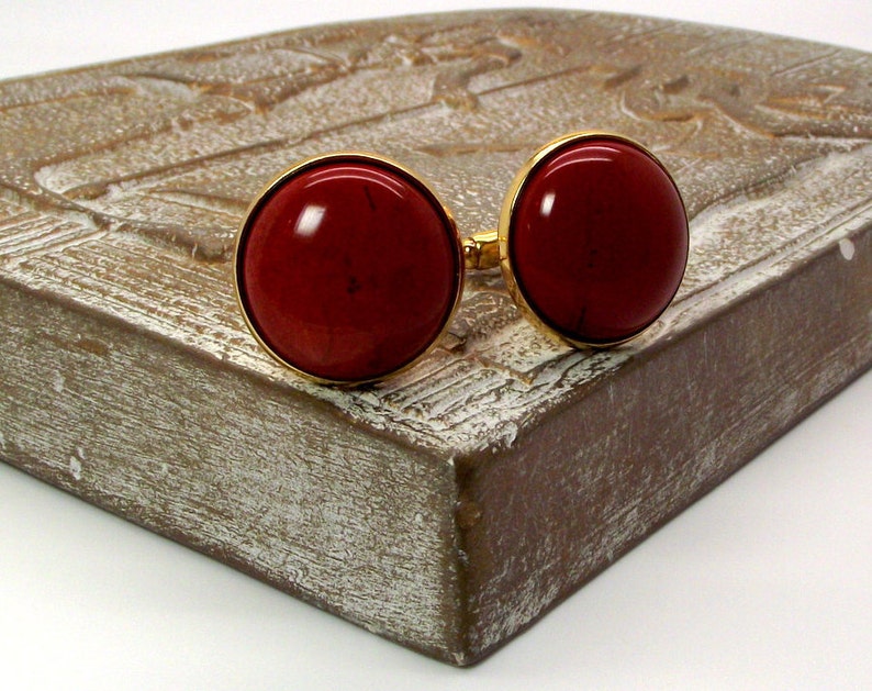 Gold Base 20mm Round Orange Red Cufflinks Red Cufflinks Red Jasper Cufflinks Big Red II