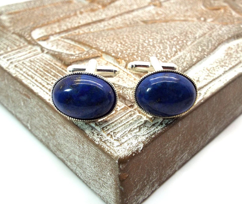 Blue Cufflinks Midnight Sea Lapis Lazuli Cufflinks Deep Blue Lapis Lazuli Oval Cufflinks image 6