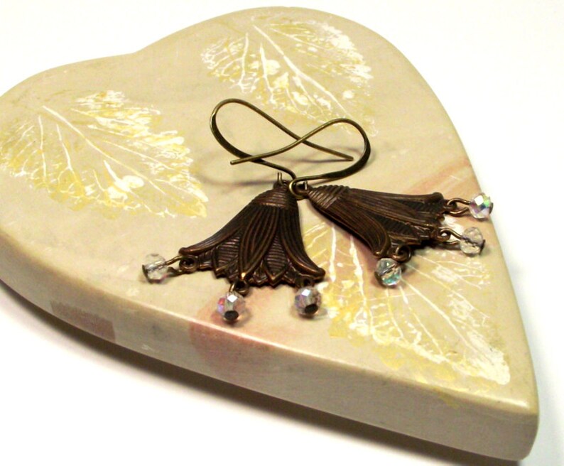 Lotus Bloom Antique Bronze and Crystal Earrings Bronze Etsy