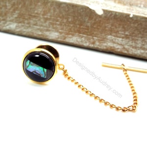 Onyx and Abalone Inlaid Tie Tac, Black Onyx Inlaid with Blue Abalone Tie Tac – Black and Blue Tie Tac – Gold Tie Tac with Chain