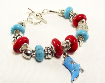 Red and Blue Bracelet - Red and Blue Turquoise Euro Charm Bracelet With Crystal Encrusted Cowboy Boot Charm