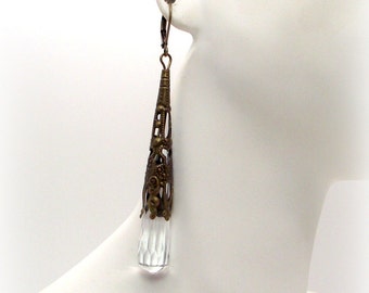 Icy Crystal and Golden Bronze Drop Earrings - Clear Crystal Earrings