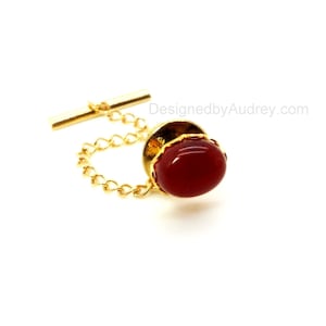 Red Tie Tac - Red Agate Tie Tac - Red Oval Tie Tac with Chain