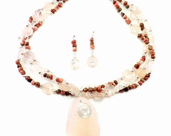 Pink Necklace - Rose Quartz and Rhodonite Triple Strand Necklace With Matching Earrings - Pink Necklace Set