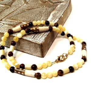 Brown Necklace - Men&#39;s Brown and White Necklace - Creamy Latte Necklace Featuring Calcite, Coral, Tigers Eye and Bone Beads