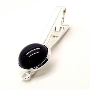 Black Tie Clip - Silver Tie Clip Featuring Black Onyx Stone - Black Onyx Tie Bar