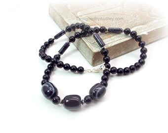 Black Necklace – Mens Black Necklace – Mens Black Banded Agate Necklace – Mens Black Agate Necklace - Mens Black and White Necklace