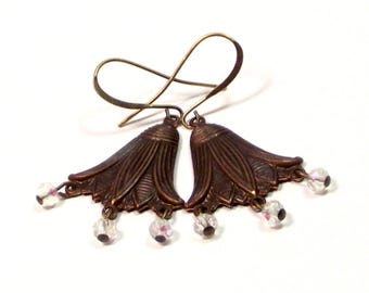 Bronze Earrings - Lotus Bloom Antique Bronze and Crystal Earrings - Bronze Lotus Flower Earrings