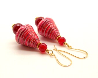 Red Earrings - Sweet Strawberry Jam Red Carnelian Earrings Featuring Red and Cream Paper Cone Beads – Red Agate Earrings