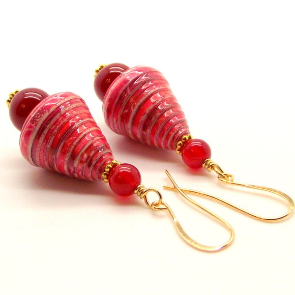 Red Earrings - Sweet Strawberry Jam Red Carnelian Earrings Featuring Red and Cream Paper Cone Beads – Red Agate Earrings