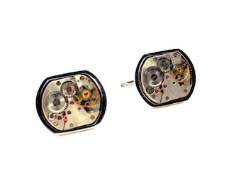 Gemelos de plata - Gemelos Steampunk - Tiempo - Gemelos Steampunk con esfera de reloj vintage - Gemelos de reloj - Gemelos Steampunk de plata para hombre