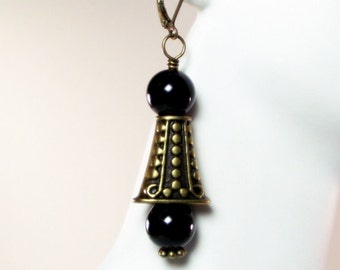 Black Earrings - Antique Brass Tower Earrings Featuring Black Onyx - Black Onyx Earrings