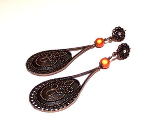 Copper Earrings - Boho Chic Metallic Orange and Antique Copper Teardrop Earrings