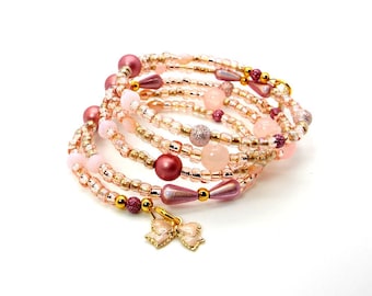 Pink Bracelet - Pink Champagne Dreams Bracelet – Pink Blush Beaded Memory Wire Bracelet – Pink Wrap Bracelet