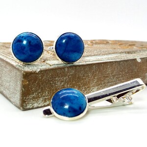 Blue Cufflinks and Tie Clip - Blue Jasper Cufflinks and Tie Clip Set