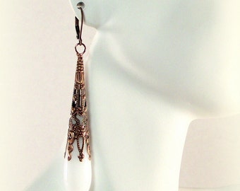 White Earrings - Antique Copper and White Vintage Inspired Drop Earrings