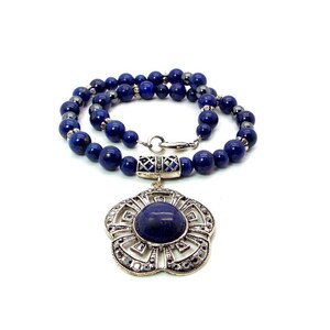 Blue Necklace Set The Blue Egyptian Night Flower Necklace and Earring Set Lapis Lazuli Necklace and Earrings image 3