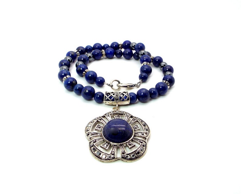 Blue Necklace Set The Blue Egyptian Night Flower Necklace and Earring Set Lapis Lazuli Necklace and Earrings image 3