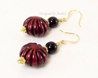 Red and Black Earrings - Black and Red Swirl Starburst Earrings