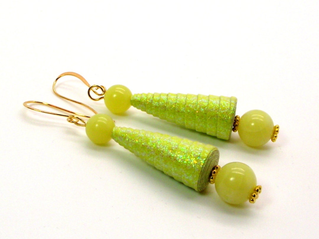 Green and Yellow Earrings, Lemon Jade Glitter Paper Cone Bead Earrings