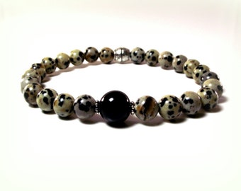 Men's Black and White Bracelet - Dalmatian Jasper Men’s Bracelet Featuring Black Onyx -   Black and White Men's Beaded Bracelet