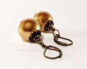 Gold Earrings - Gold Pearl Vintage Styled Drop Earrings