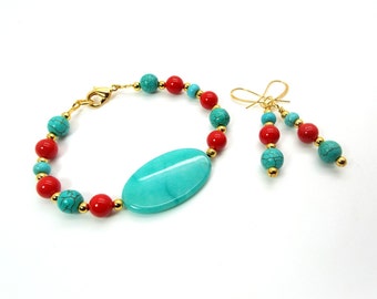 Turquoise and Red Bracelet and Earring Set - Turquoise Agate and Magnesite and Red Sea Coral Bracelet and Earring Set