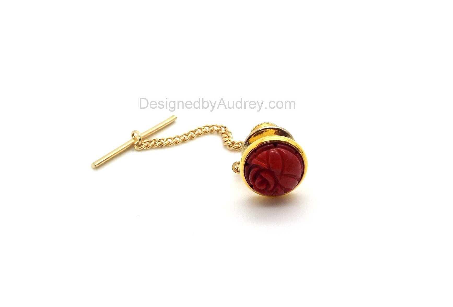 Red Tie Tac – Red Coral Carved Flower Tie Tac – Red Coral Tie Tac with Chain