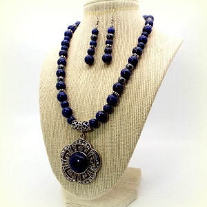 Blue Necklace Set The Blue Egyptian Night Flower Necklace and Earring Set Lapis Lazuli Necklace and Earrings image 2