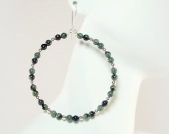 Green Earrings - Hoop Earrings - Jasper and Silver Beaded Hoop Earrings