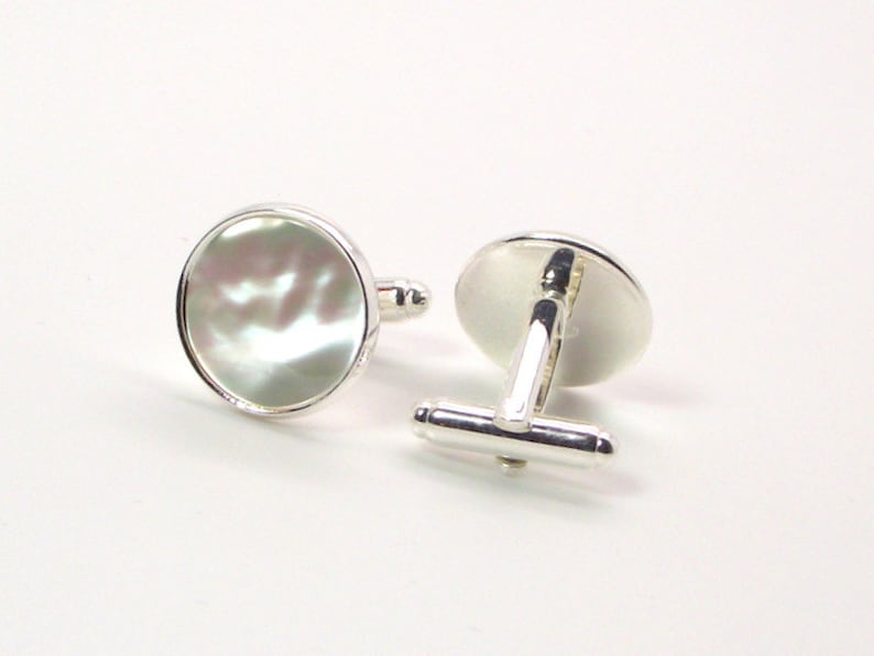 White Pearl Cufflinks White Mother of Pearl Cufflinks, White Cufflinks 16mm and 18mm Round image 3