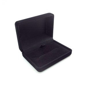 May include: An open, black velvet jewelry box. The box is rectangular with a hinged lid and a soft, plush interior. The interior has two small slots, likely for rings or earrings. The box is set against a white background.