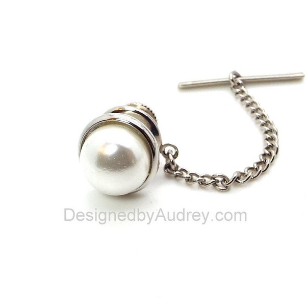 White Pearl Tie Tac - White Pearl Tie Tac - White Tie Tac with Chain - White Tie Tack