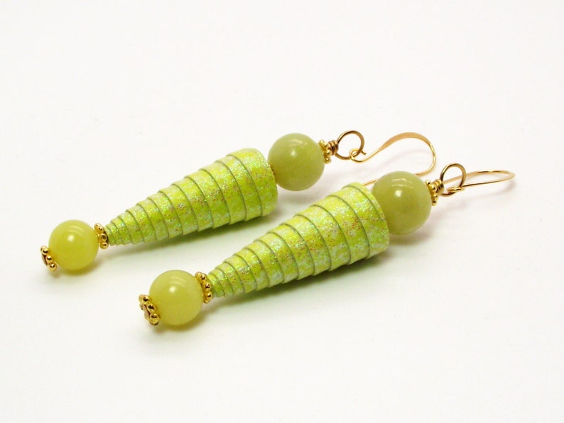 Yellow Earrings Bottoms Up Lemon Jade Sparkle Cone Bead Earrings Lemon Jade Earrings image 2