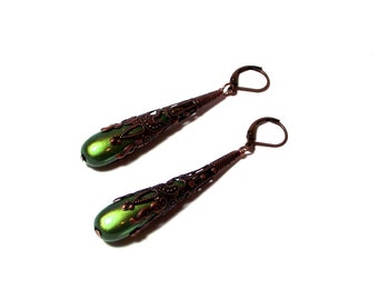Green Earrings - Vintage Style Olive Green Metallic Earrings - Olive Green Drop Earrings