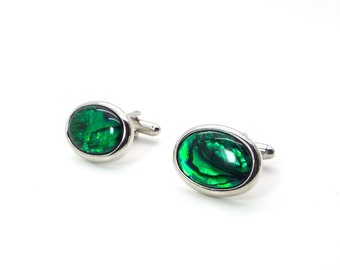Green Cufflinks -  Emerald Paua Shell Cufflinks - Green Oval Cufflinks - Green Paua Shell Cufflinks - Rhodium Plated
