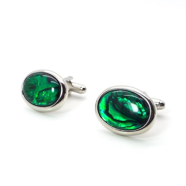 Green Cufflinks -  Emerald Paua Shell Cufflinks - Green Oval Cufflinks - Green Paua Shell Cufflinks - Rhodium Plated