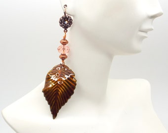 Copper Earrings – Jewel Tone Brown Leaf and Peach Crystal and Pearl Earrings – Brown Leaf Earrings