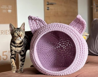 May include: A lilac-colored, crocheted cat bed shaped like a cat's head with ears. The bed is on a brown surface, and a tabby cat stands beside it. The cat has brown and black stripes. The background includes doors and a sofa.