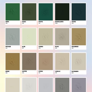 May include: A color chart with 25 different color swatches. Each swatch has a German name and a color code. The colors range from light yellow to dark blue.