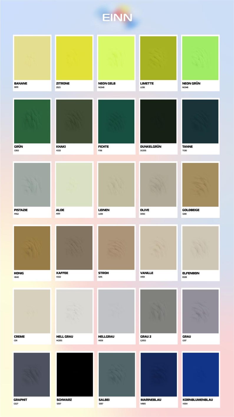 May include: A color chart with 25 different color swatches. Each swatch has a German name and a color code. The colors range from light yellow to dark blue.