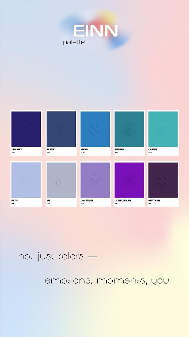May include: A color palette with the names "Violett", "Jeans", "Meer", "Petrol", "Lazur", "Blau", "Eis", "Lavende", "Ultraviolet", and "Heather" written below each color swatch.