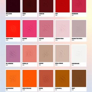May include: A color chart with 18 different color swatches. Each swatch has a German name and a color code. The colors range from dark red to light yellow.