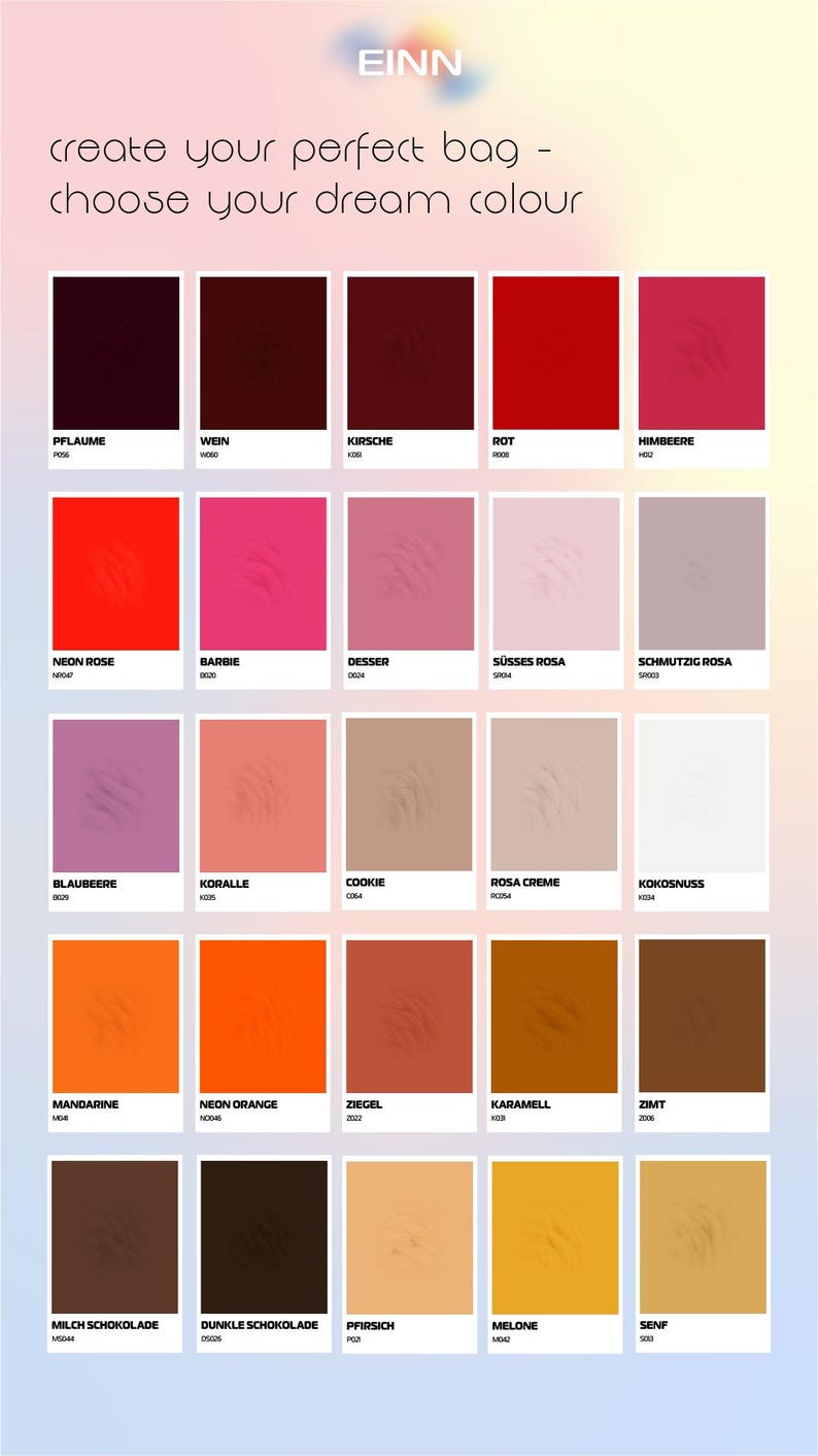 May include: A color chart with 18 different color swatches. Each swatch has a German name and a color code. The colors range from dark red to light yellow.