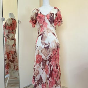Floral Romantic Vintage Dress, Asymmetrical 90s Casual Dress, V-Neck Midi Dress, Sheer Pink Flower Retro Dress, Vintage 90s Dress