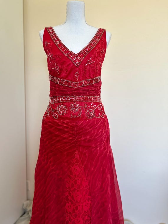 1920s Art Deco Beaded Maxi Dress: Vintage Red Prom Gown